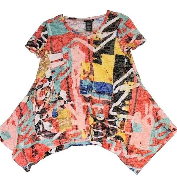 Chelsea & Theodore T Shirt Women M Multicolor Graffeti Tunic Burnout Asymmetric - Picture 1 of 7
